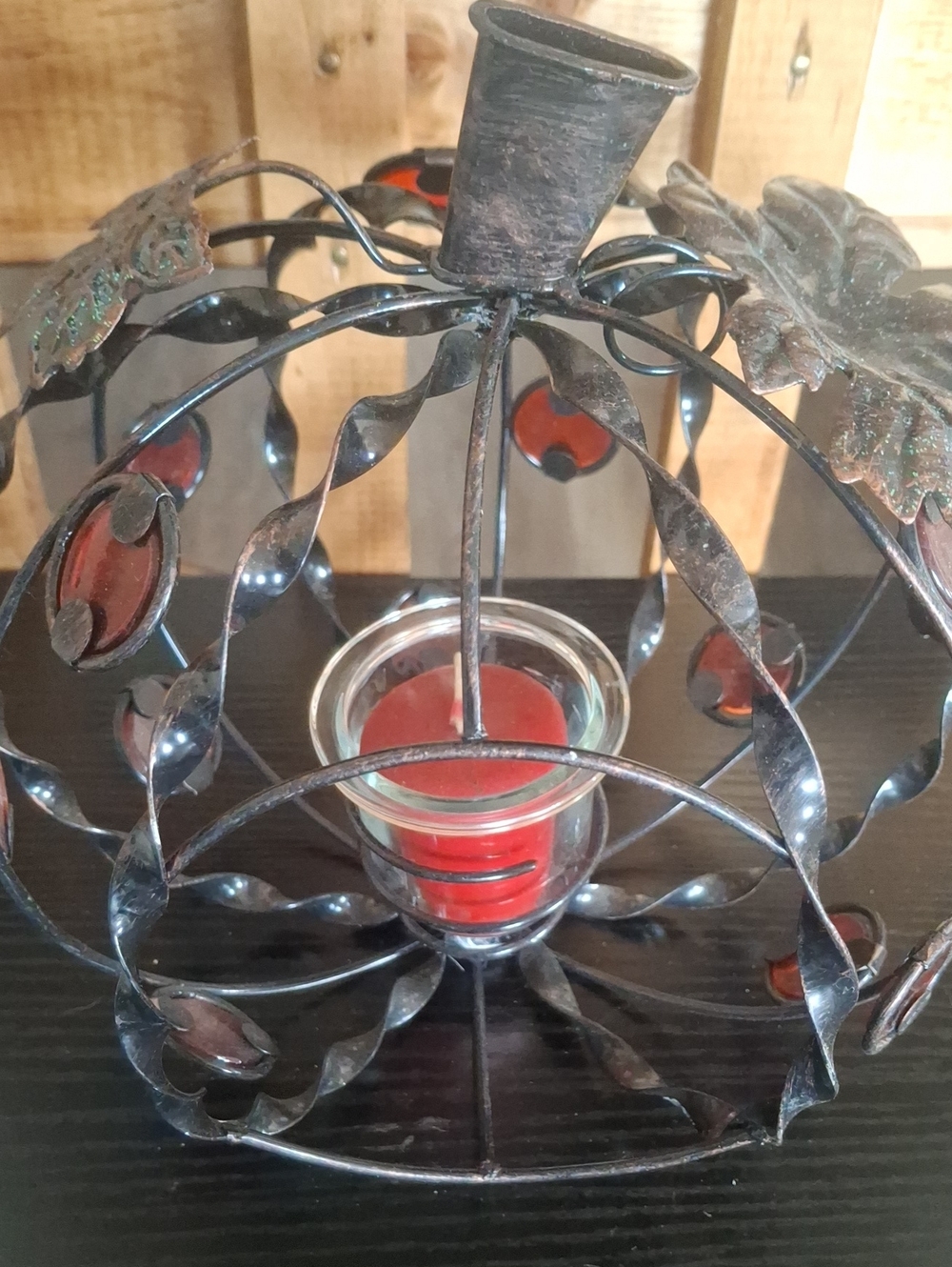 Source Unknown Black Metal Pumpkin Candle Cage with Red Glass Insets